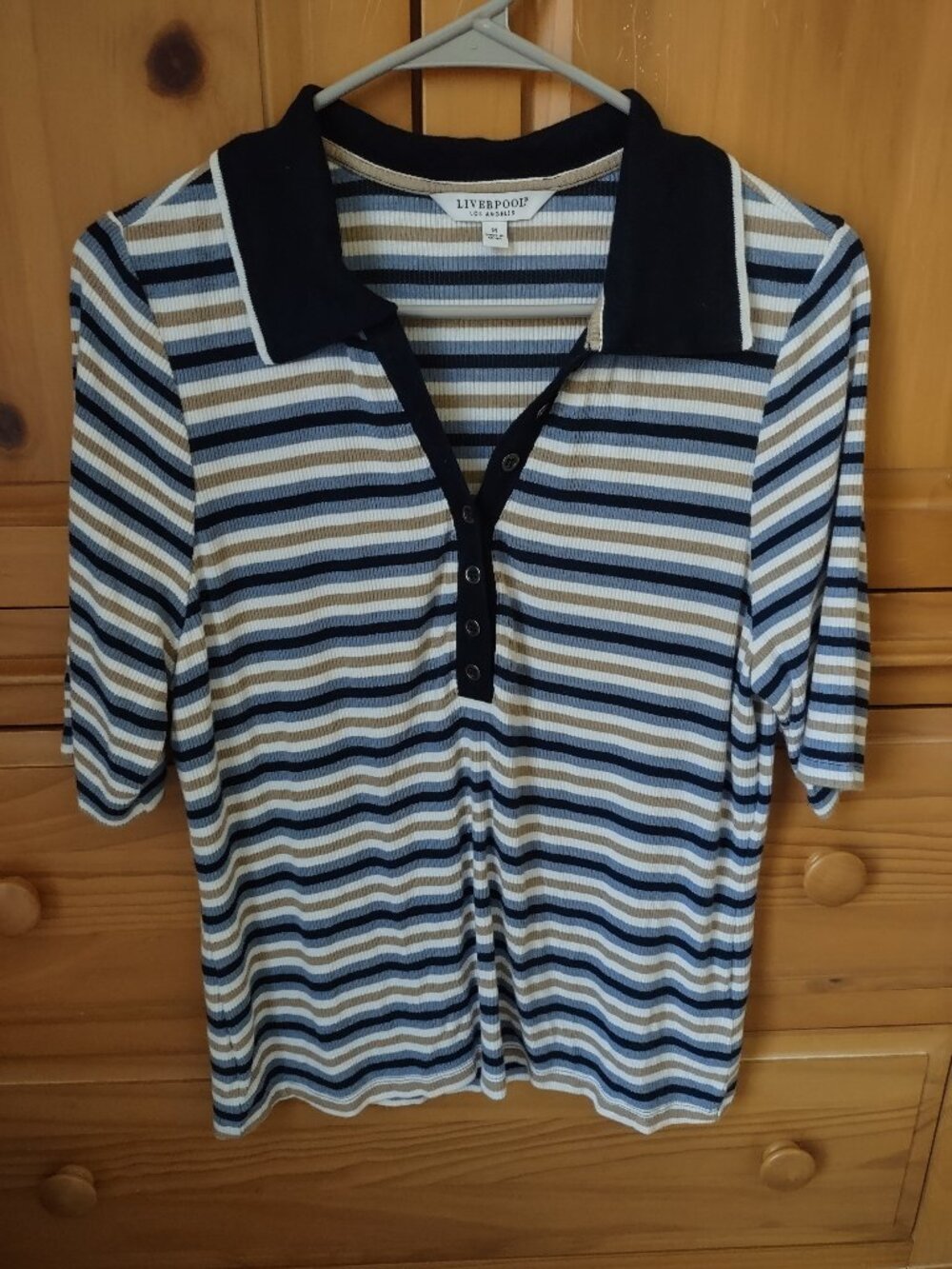 Liverpool Los Angeles Striped Ribbed Polo Shirt Blue Women's M